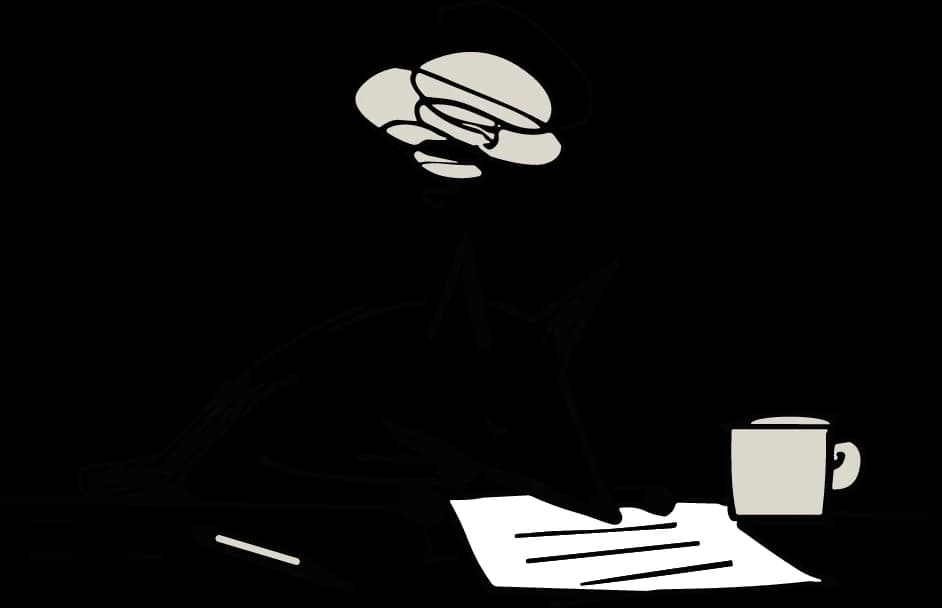 Illustration of a tired fox at a desk with a coffee mug